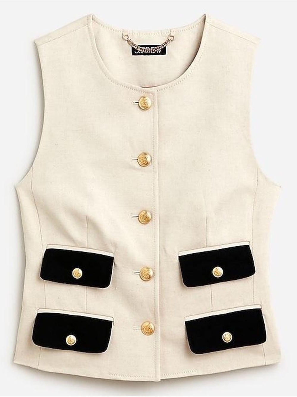 J. Crew Cream Sleeveless Button Vest with Black Pocket Flaps - Picture 8 of 8